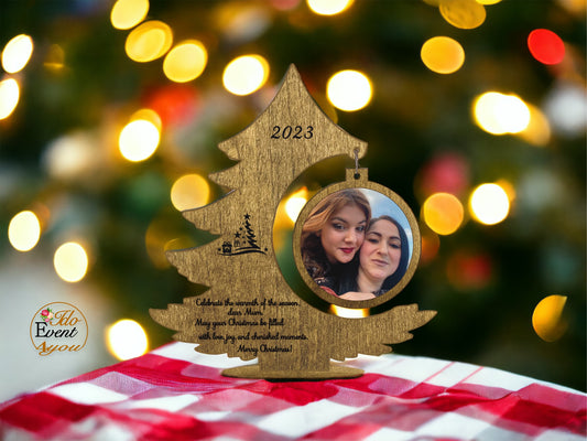 Wooden Christmas Tree Ornament with Custom Engraved Photo Bauble