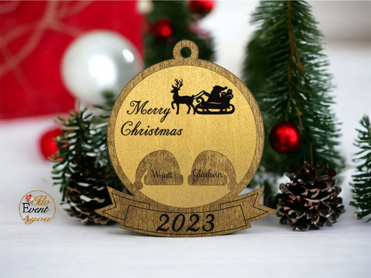 ✨ Customisable Dual-Tone Wooden Christmas Ornaments - Choose Between Santa's Sleigh or Christmas Tree Design, Personalised 2023 Edition
