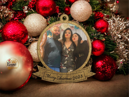 Personalised Photo Christmas Bauble 2023 – Customizable Family Ornament with Engraved Message